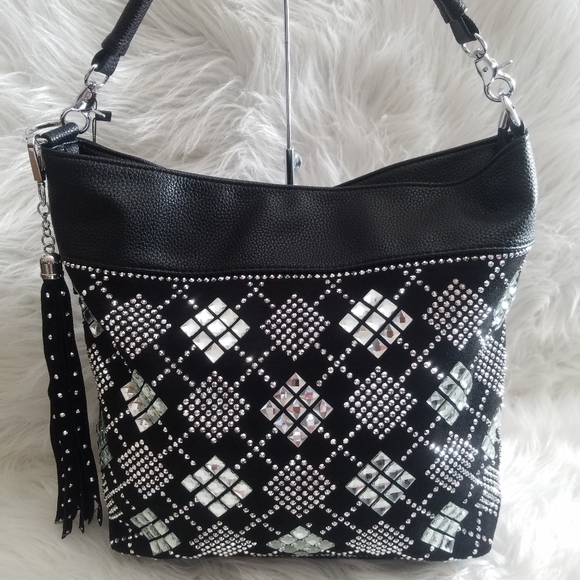 BLACK RHINESTONE BLOCK DESIGN HOBO BAG - Picture 2 of 6